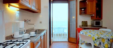 Kühlschrank, Mikrowelle, Herdplatte, Wasserkocher mit Kaffee-/Teezubehör