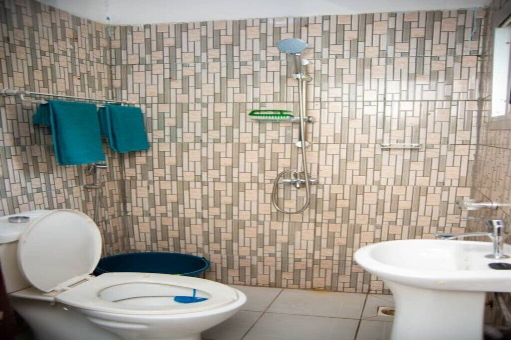 Een douche, een bidet, handdoeken, toiletpapier