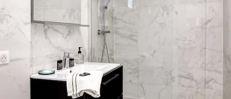 Douche, articles de toilette (gratuits), séchoir à cheveux