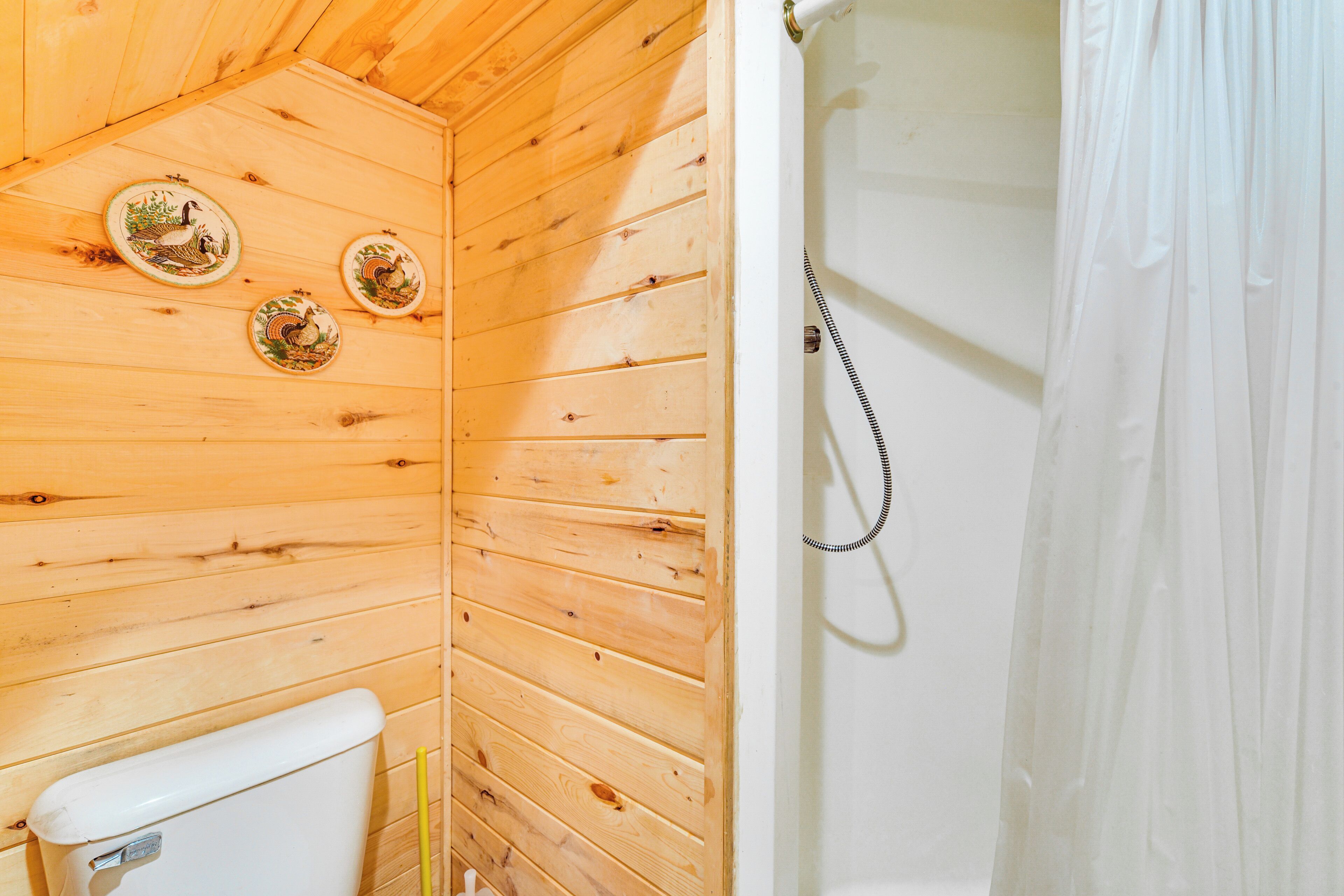 A wooden interior with a toilet and a shower area.