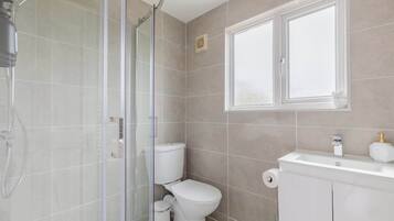 Shower, hair dryer, shampoo