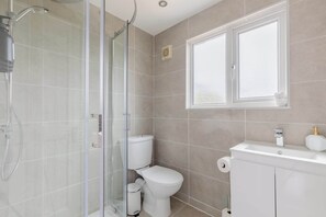 Shower, hair dryer, shampoo