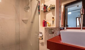 Shower, hair dryer, towels