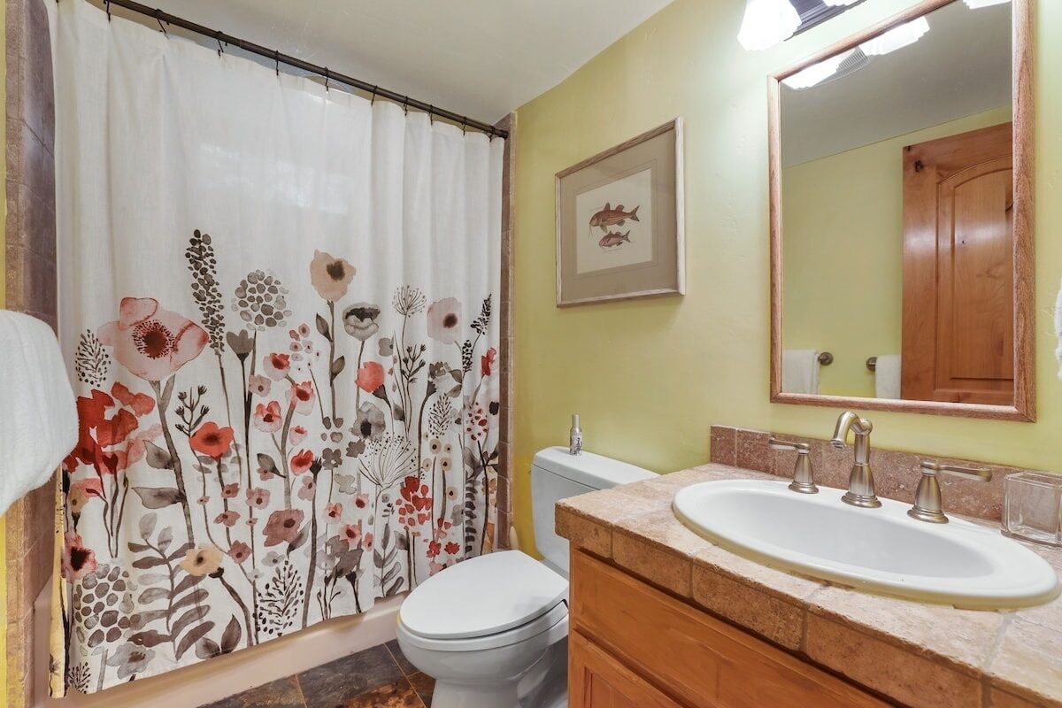 A bathroom with a shower curtain featuring floral patterns, a toilet, a sink with a mirror above it, and a framed picture on the wall.