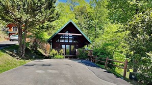 A wooden cabin with a green roof, surrounded by lush greenery and trees.