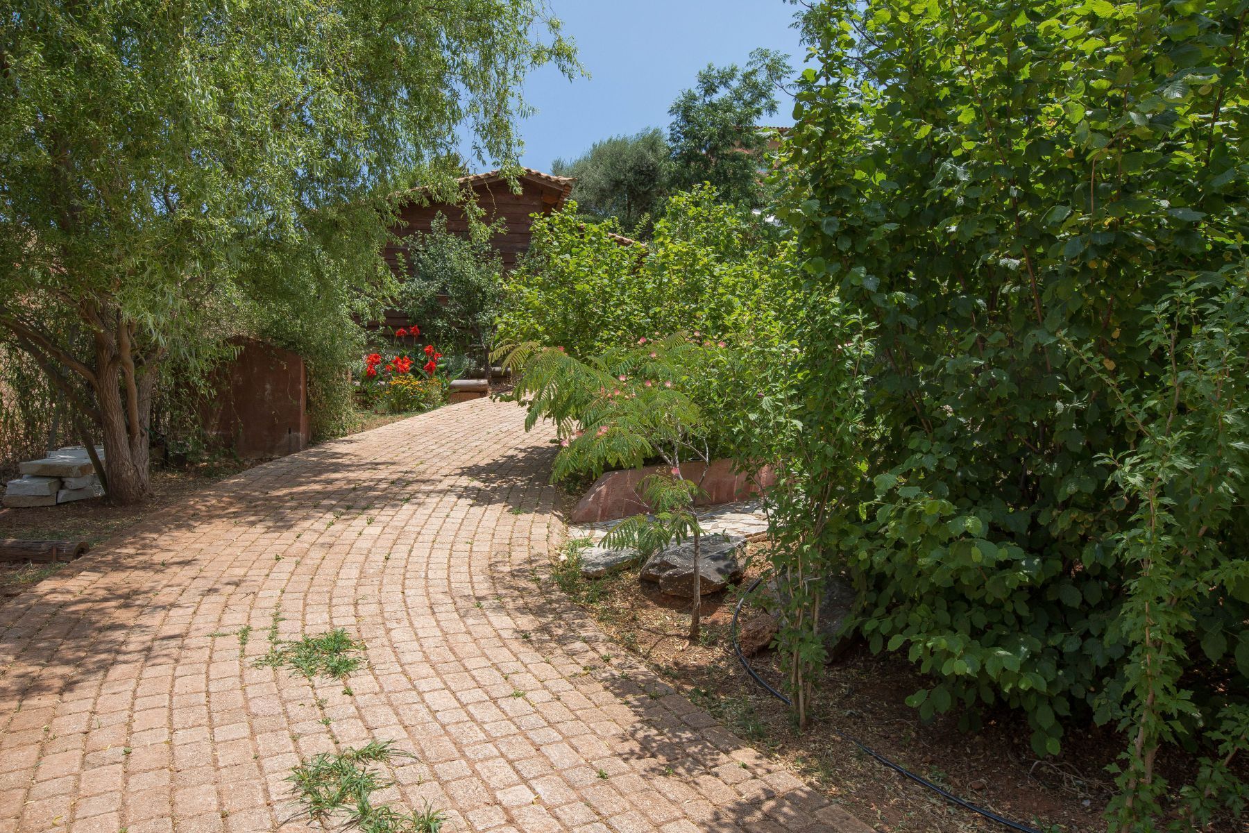 A paved garden path with a rustic wooden structure in the background.