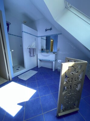 Dusche, Haartrockner, Handtücher, Seife