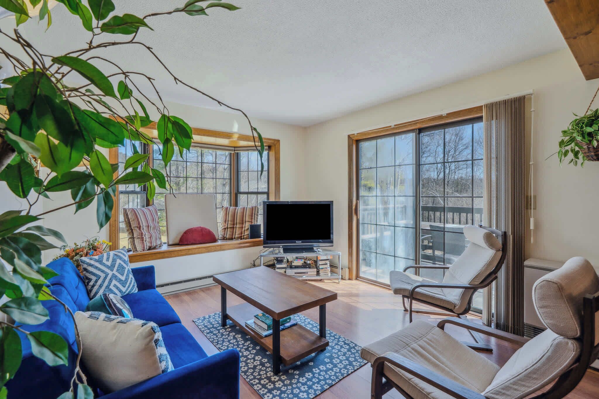 A living room with a blue sofa, a wooden coffee table, a TV, and a large window with a view of trees.