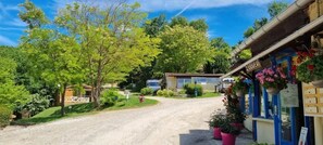 A rural road leading to a building with a blue facade and hanging flower baskets.