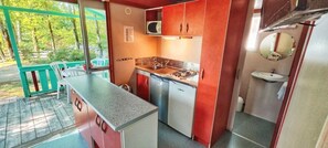 Fridge, microwave, stovetop, toaster