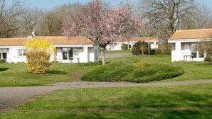 A row of white buildings with red-tiled roofs, surrounded by well-maintained lawns and a flowering tree. - ZEcamping 2 étoiles piscine chauffée mobil-home TV 25m2 5 pers (Prailles-La Couarde)