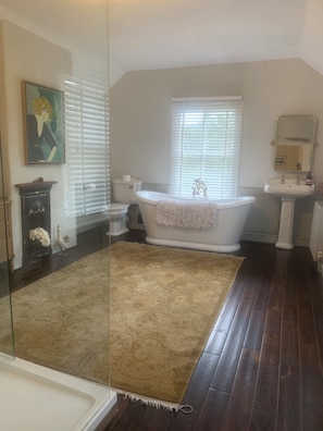 Hair dryer, towels, soap, toilet paper