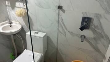 Shower, hair dryer, bidet, towels