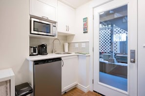 Fridge, microwave, coffee/tea maker, electric kettle