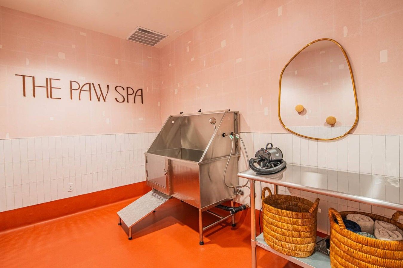 A spa room with a metal shower enclosure, a sink with a gold-framed mirror, and a wall with the text 'THE PAW SPA'.