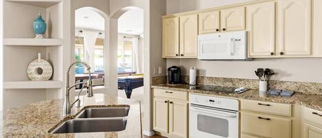 Fridge, microwave, dishwasher, coffee/tea maker