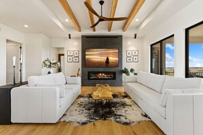 Smart TV, fireplace, books