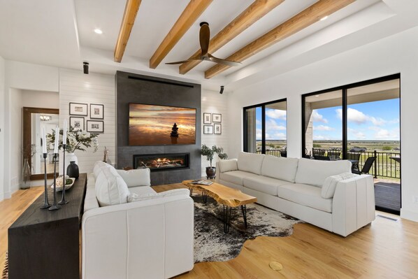 Smart TV, fireplace, books