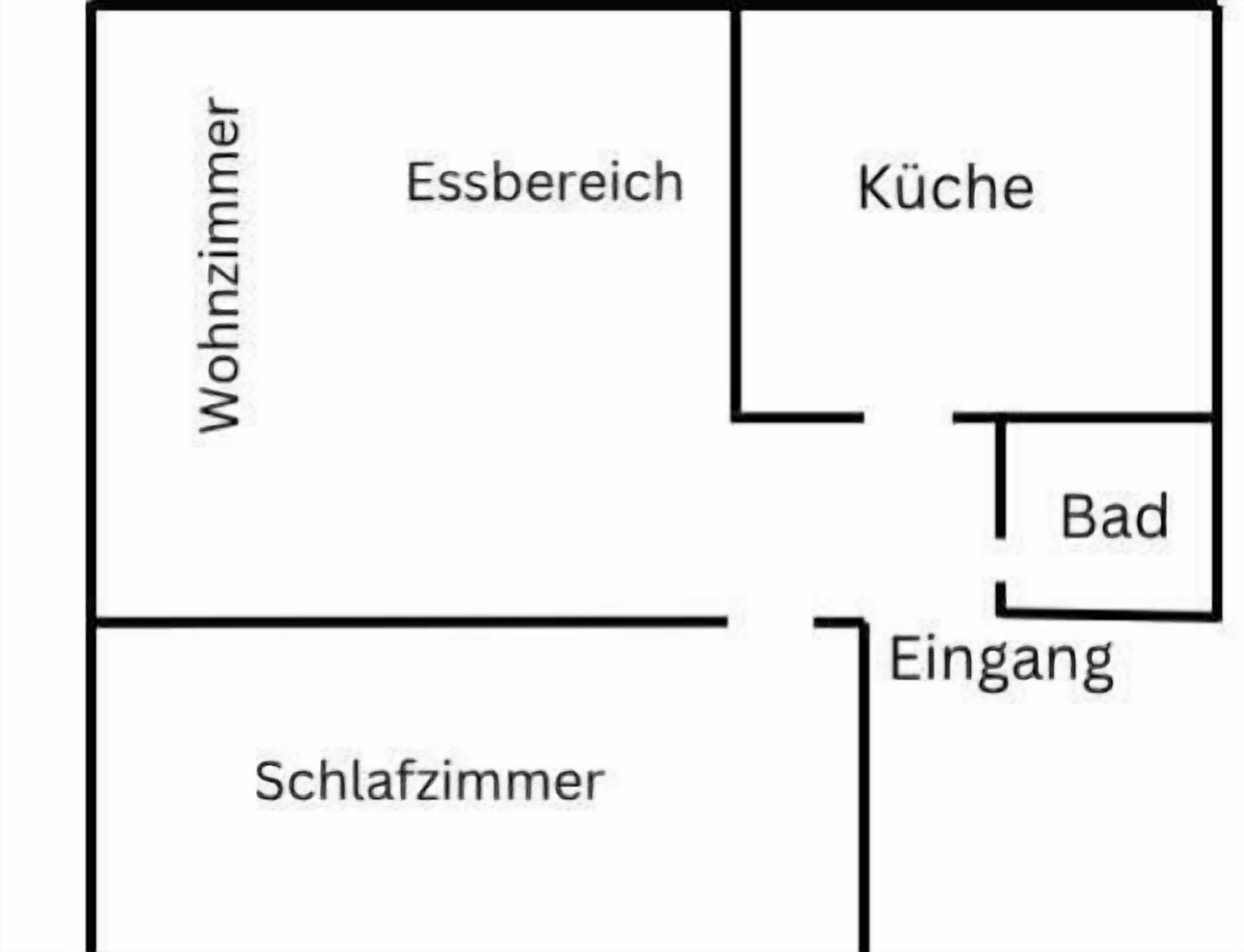 Grundriss eines Hotelzimmers mit Wohnzimmer, Küche, Bad und Eingangsbereich.