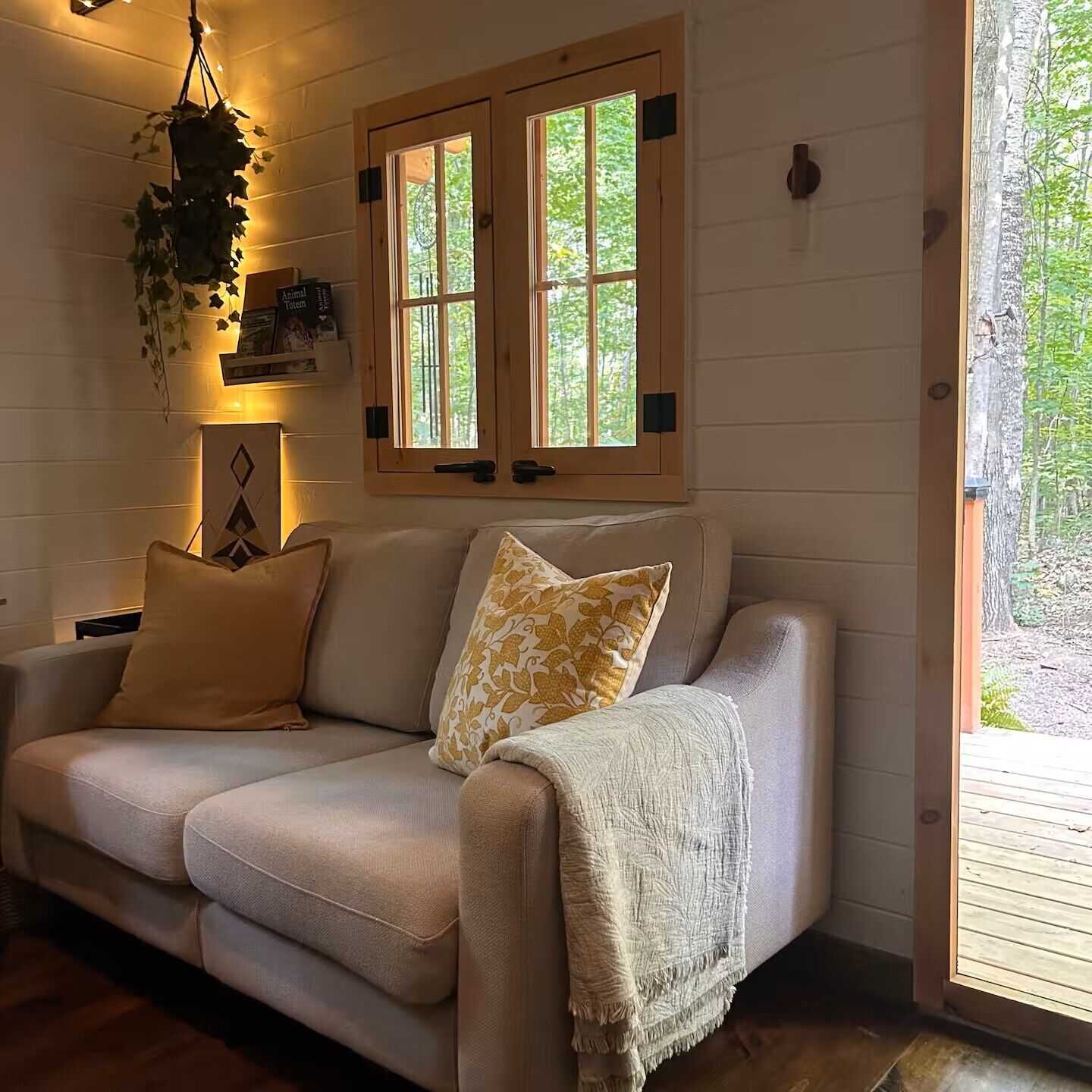 A cozy room with a sofa, a hanging plant, and a window with shutters.