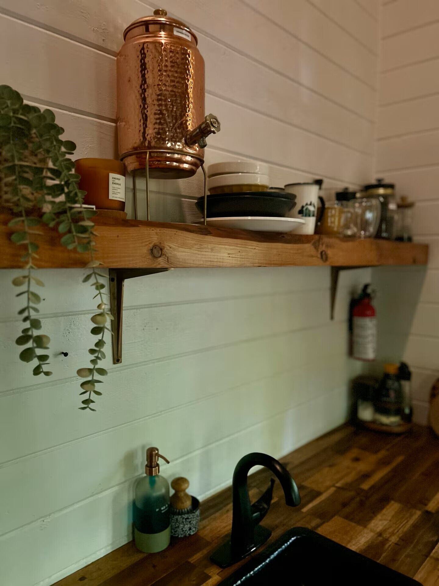Una cocina con estantes de madera, una olla de cobre, un fregadero y una planta.
