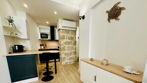 A modern kitchen with a central island, a stone accent wall, and a small turtle decoration. - Cocon Lamartine (Niza)