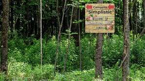 A wooden sign in a forested area with a red arrow pointing left, indicating a direction to a campsite named "Simplistic." - Charming Campsite in Hartwick, NY few miles from Cooperstown & area attractions (Hartwick)