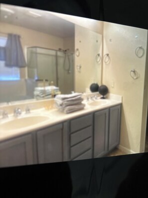 Hair dryer, bidet, towels, soap