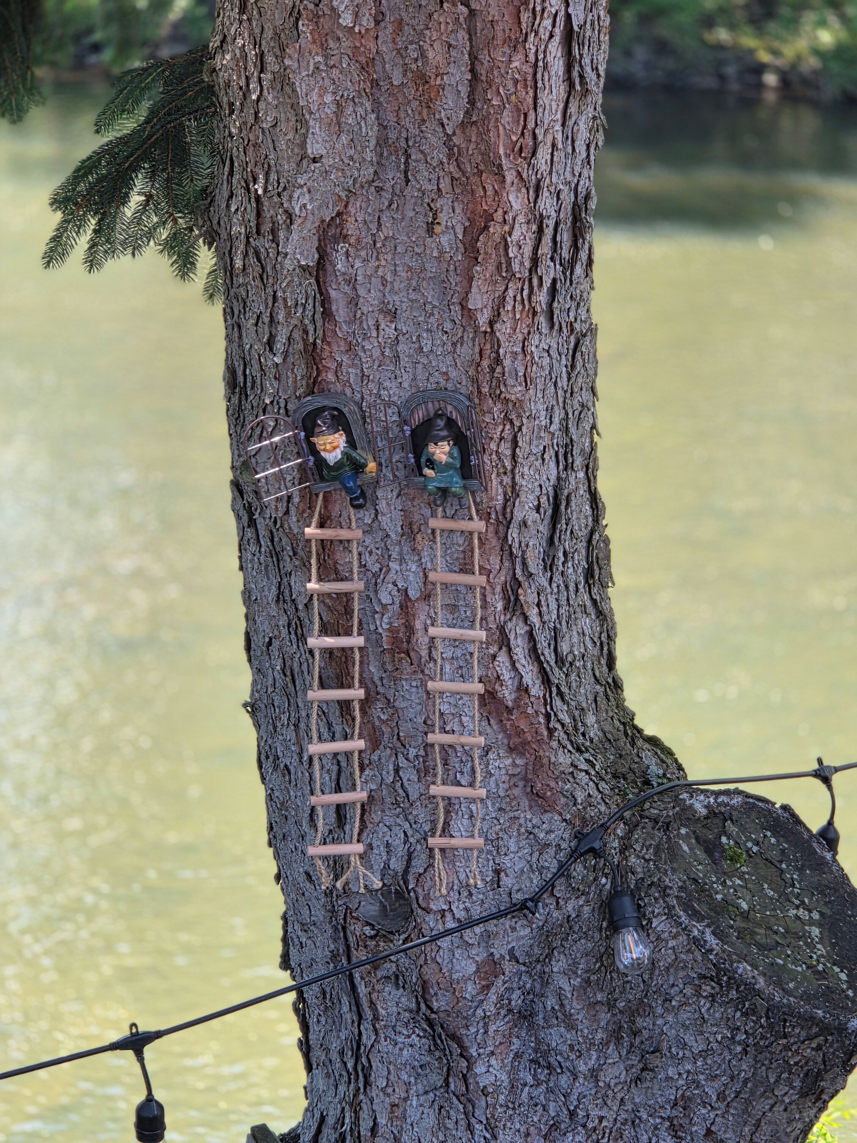 A tree with two gnome figurines on a wooden ladder.
