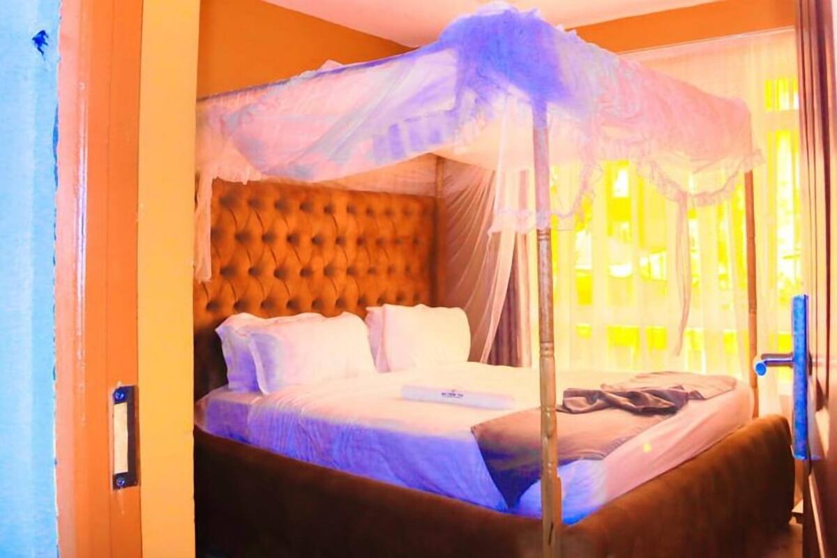 A room with a bed, a canopy, and a window with curtains.