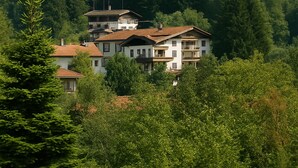 A multi-story building with a traditional architectural style, surrounded by dense forest and a mountain in the background. - LuCA HOTEL (Bodenmais)