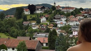 A view of a town with various buildings, including a prominent church with a tall steeple. - LuCA HOTEL (Bodenmais)