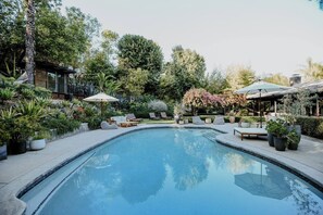 Une piscine entourée de chaises longues et de parasols, le tout agrémenté d’une végétation luxuriante et de plantes en pot.