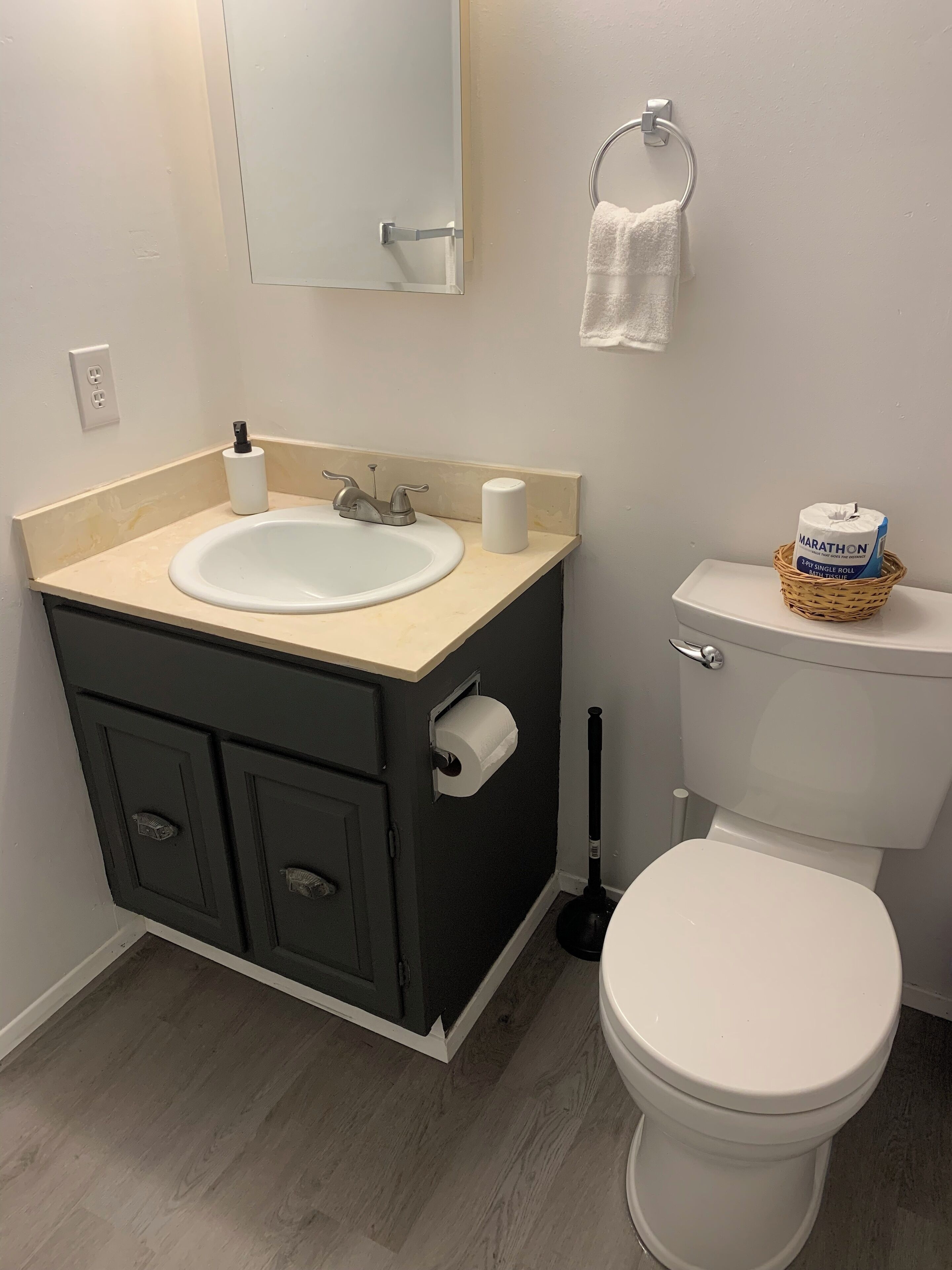 A bathroom with a white sink, dark cabinets, a toilet, and a mirror above the sink.