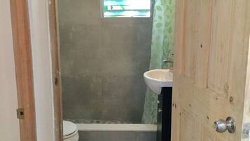 Une salle de bain avec douche, toilettes et lavabo.