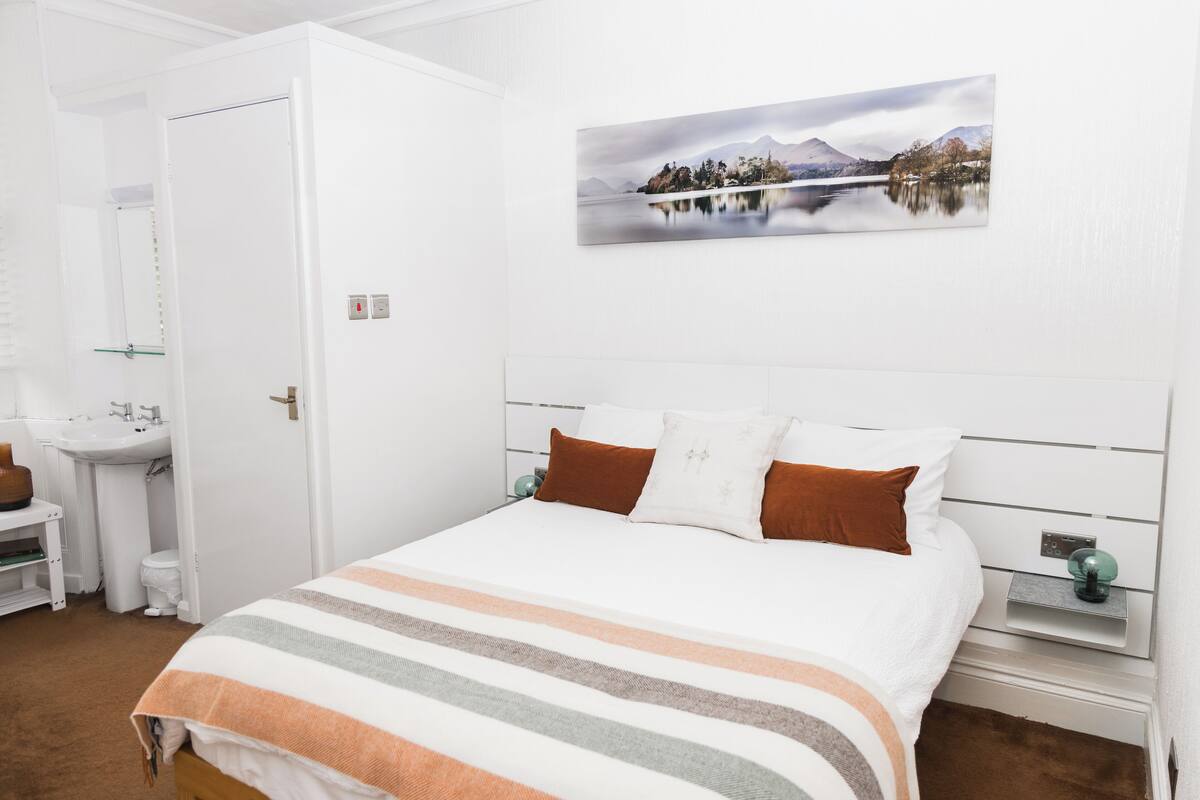 Una camera da letto con un letto, un comodino, un tavolino da notte, un quadro appeso al muro e un bagno con lavandino e water.