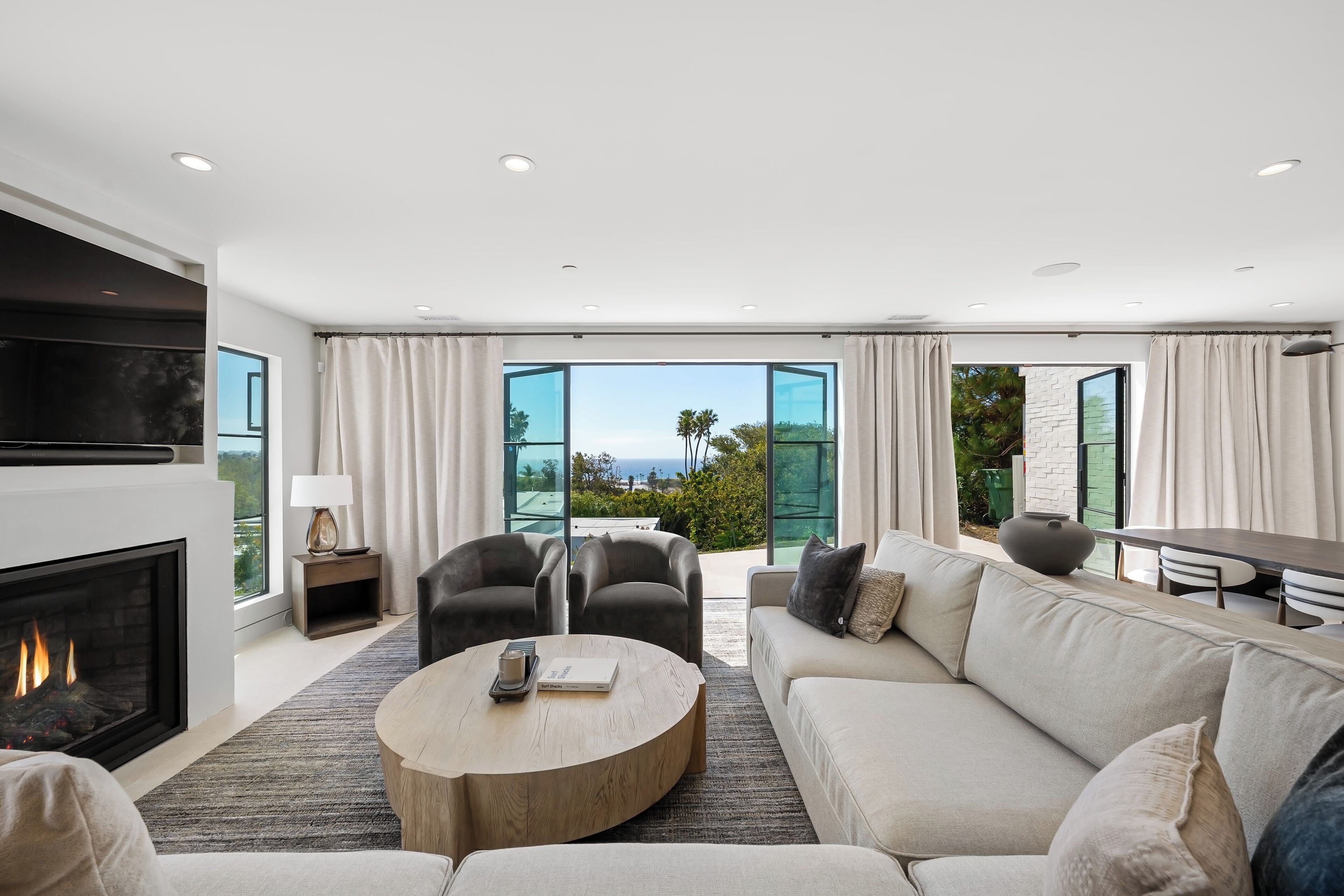 Smart TV, fireplace, books, stereo