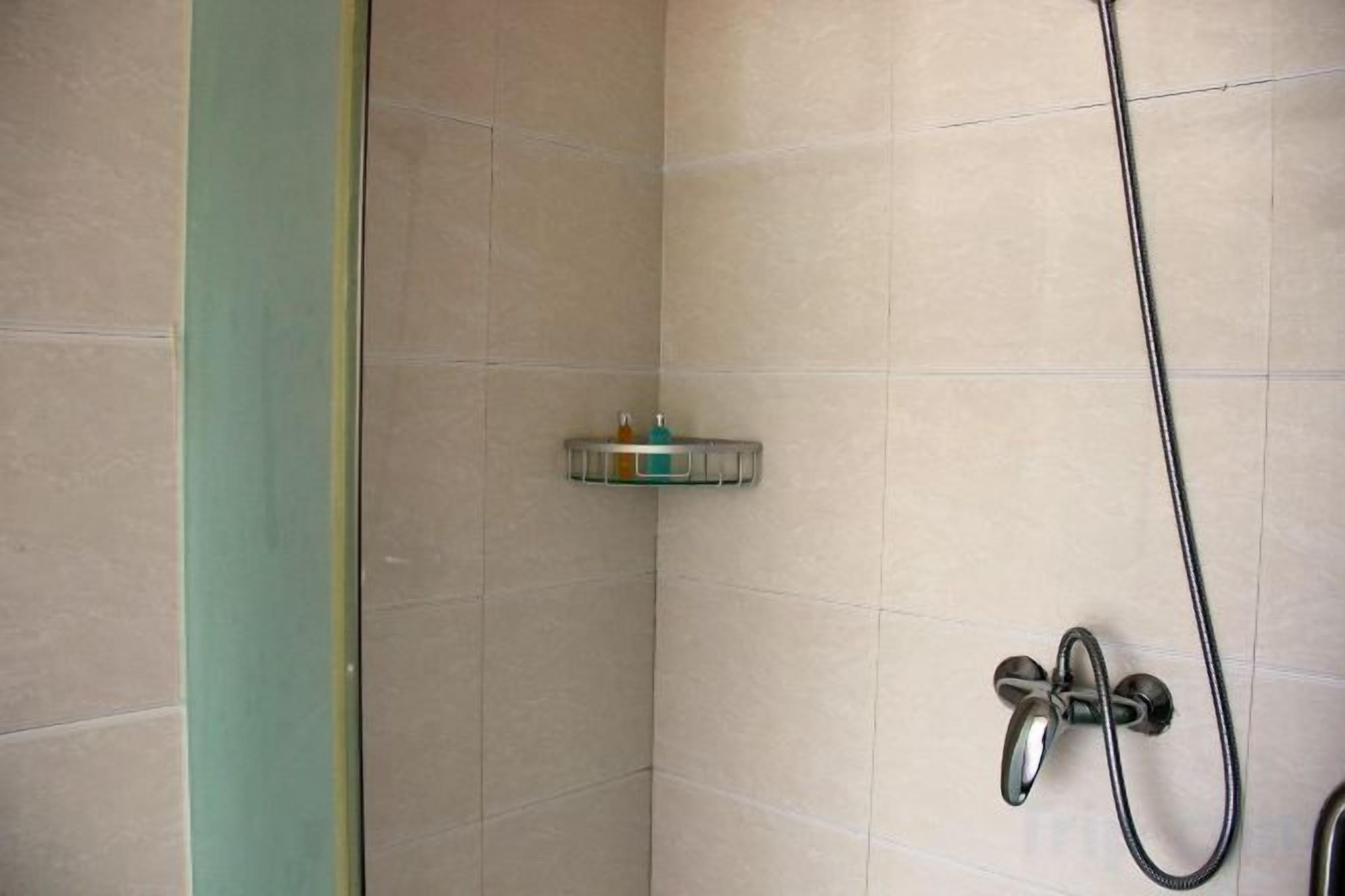 A shower area with a handheld showerhead and a wall-mounted faucet.