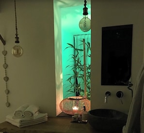 Douche, baignoire à jets, sèche-cheveux, serviettes fournies