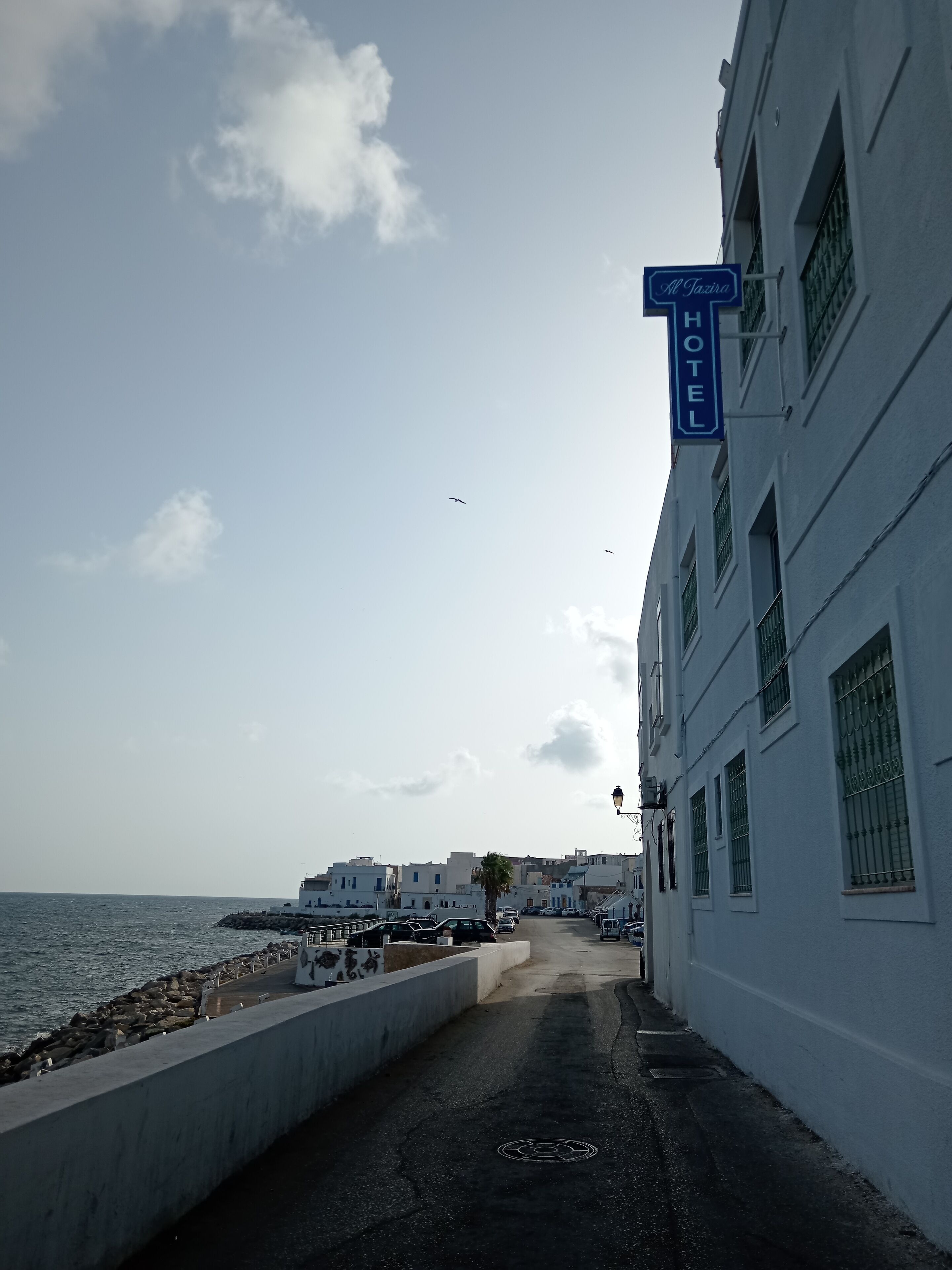 A coastal street with a hotel sign, a row of parked cars, and a clear sky.
