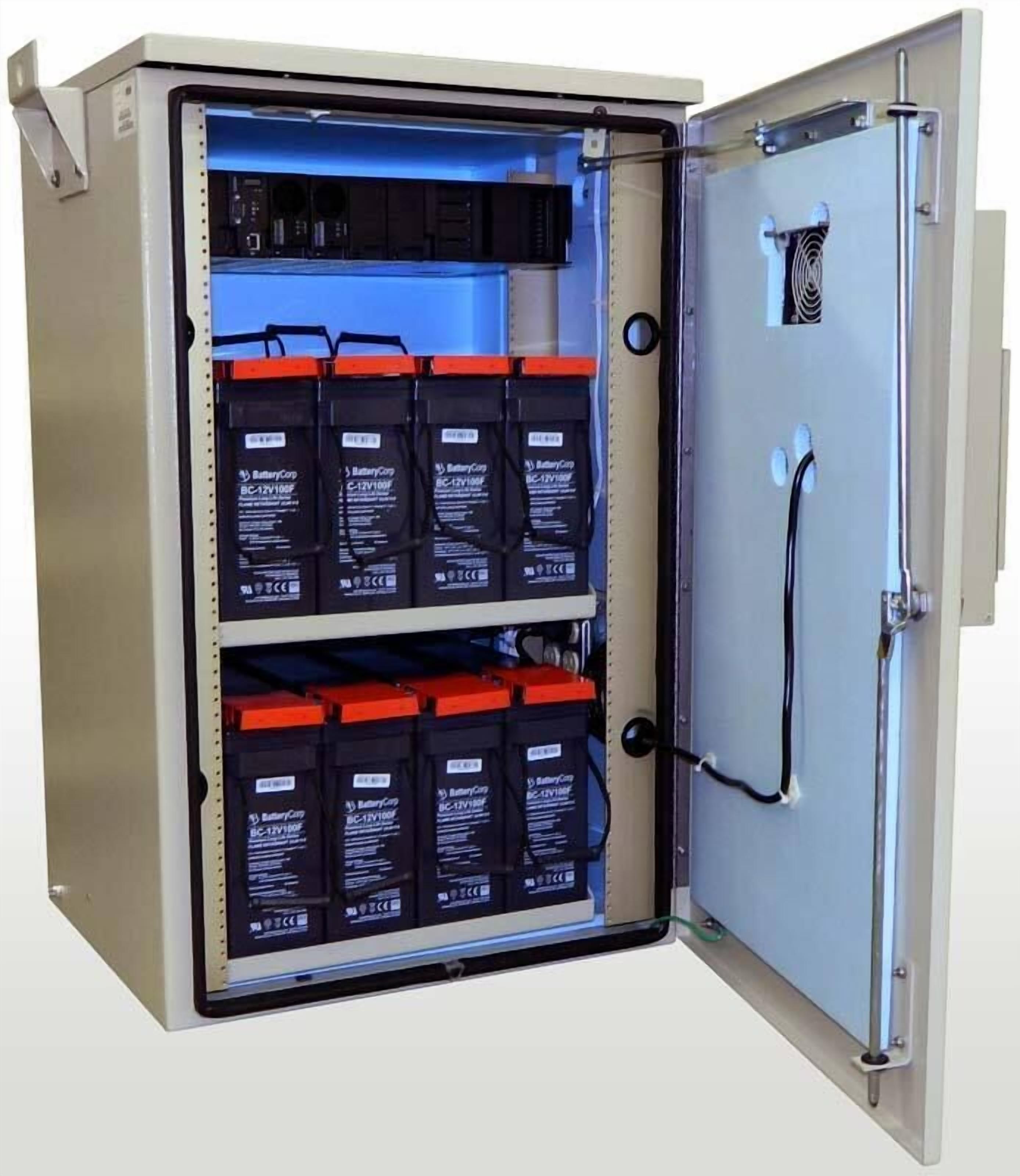 A utility cabinet with two rows of batteries and a door with a handle.