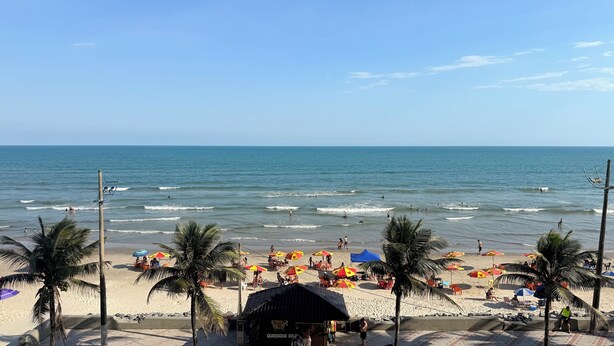 A beach with palm trees, umbrellas, and a small hut. - Seafront apartment with barbecue on the balcony and swimming pool  (Balneario Umurama Mongaguá)