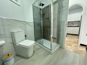 Ducha, secador de pelo, toallas y papel higiénico