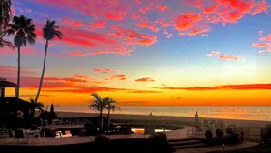 A beach view with palm trees and a sunset.