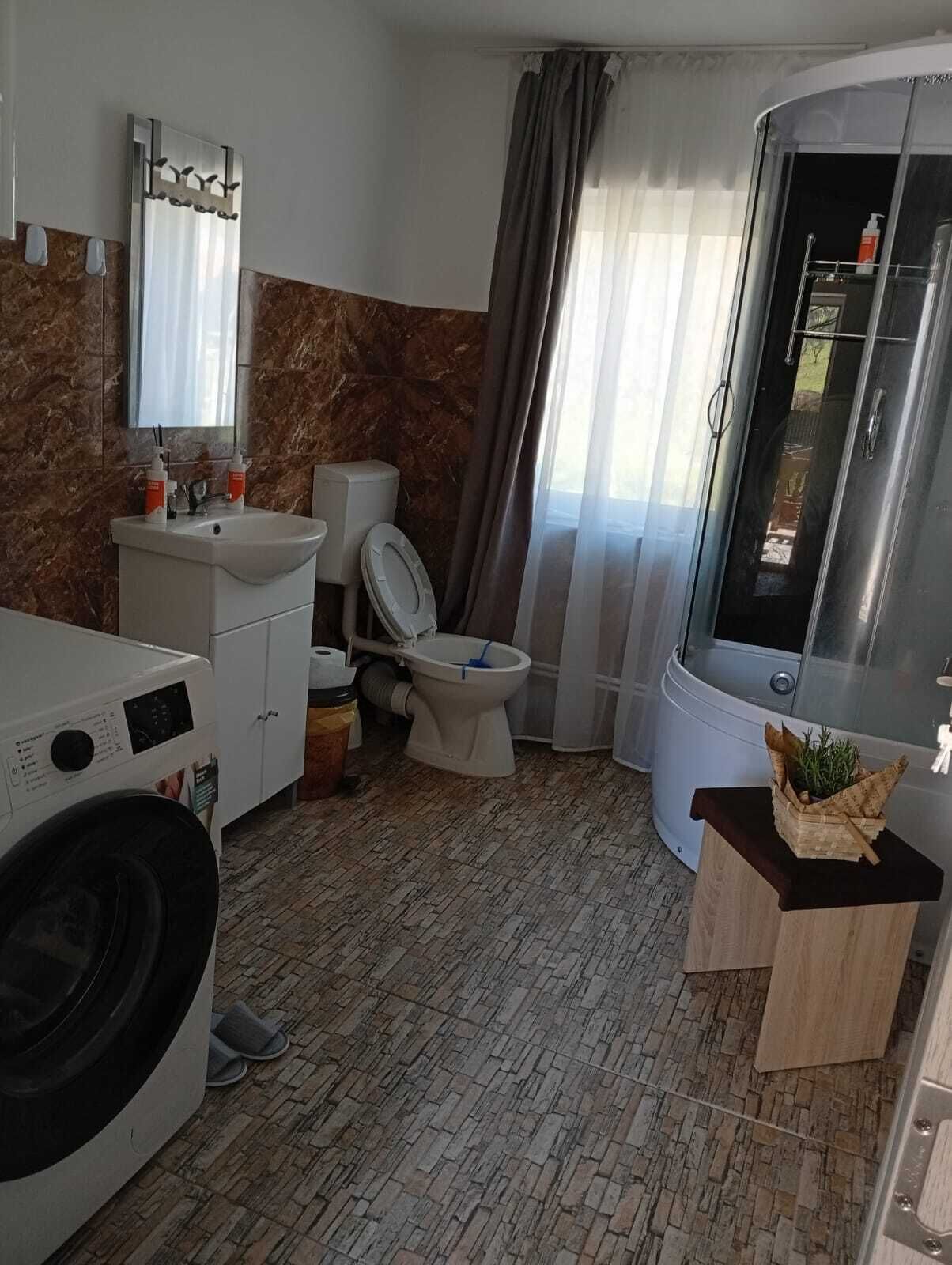 Shower, jetted bath, hair dryer, towels