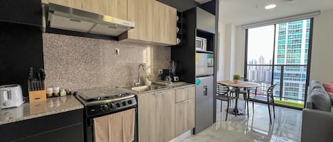 Microwave, oven, stovetop, coffee/tea maker