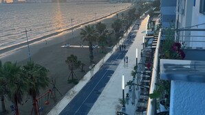 Un paseo marítimo con playa, palmeras y una hilera de edificios con balcones.