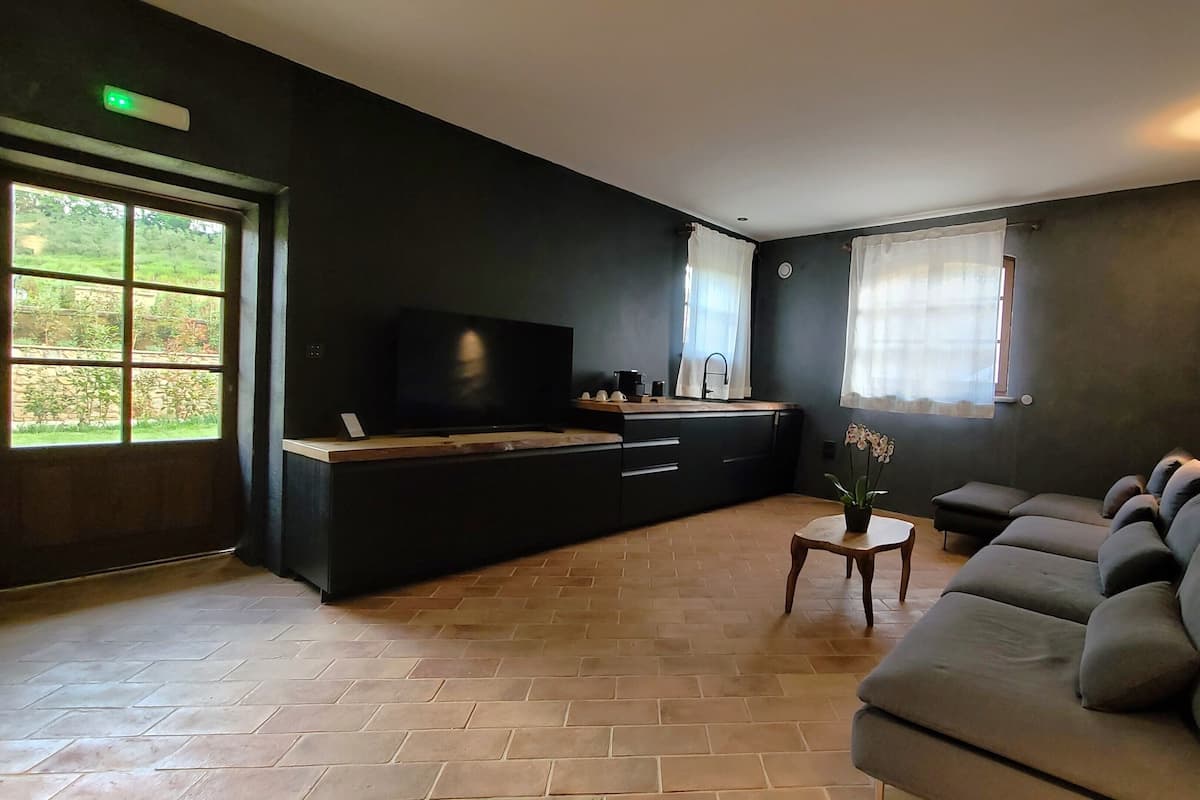 Uma sala de estar moderna com um sofá escuro, uma pequena mesa de madeira com uma planta em vaso, uma área de cozinha com uma TV grande e uma janela com cortinas finas.