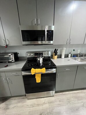 Frigorífico, microondas, horno y placa de cocina