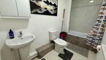 Hair dryer, towels, soap, toilet paper